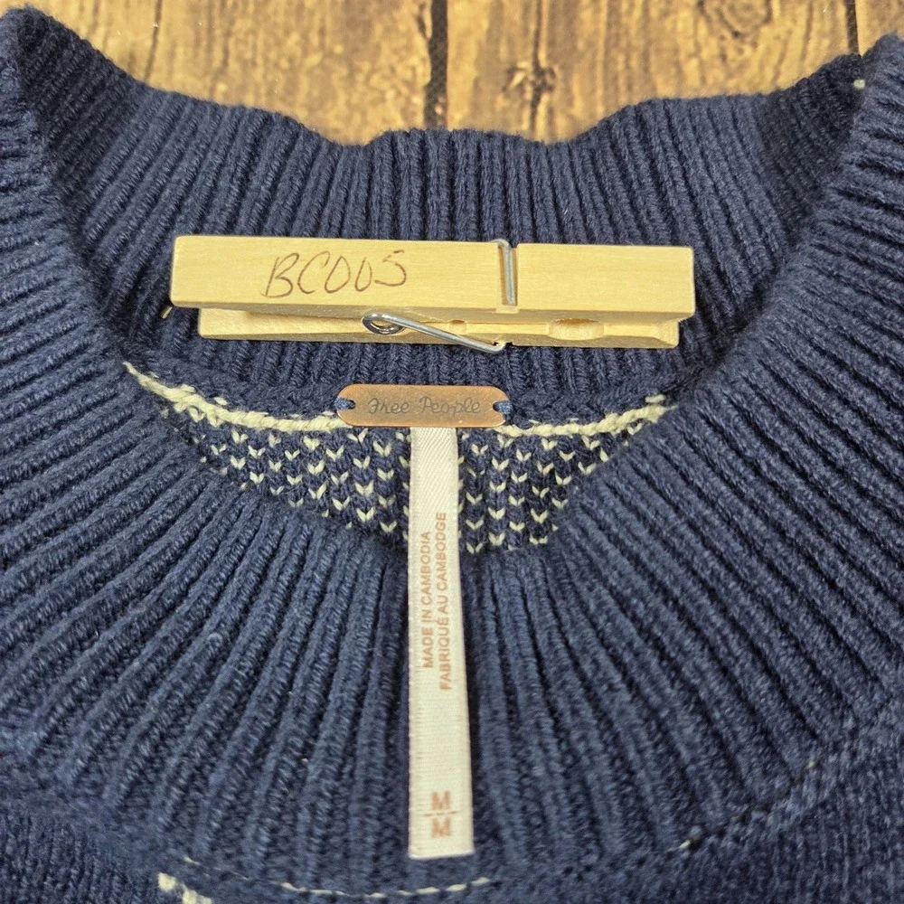 Free People Easy Street Patterned Crop Sweater Womens M Navy Oversized Cozy